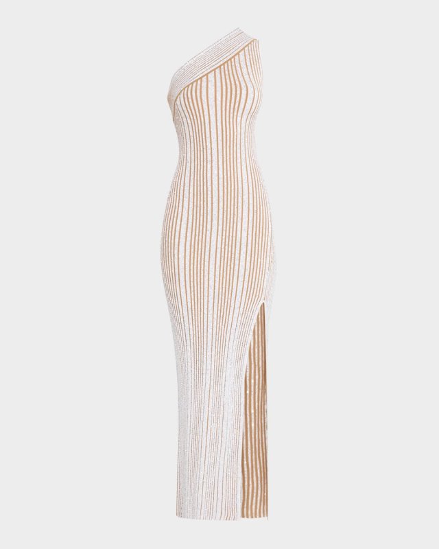 Paillette Stripe Rib One-Shoulder Maxi Dress